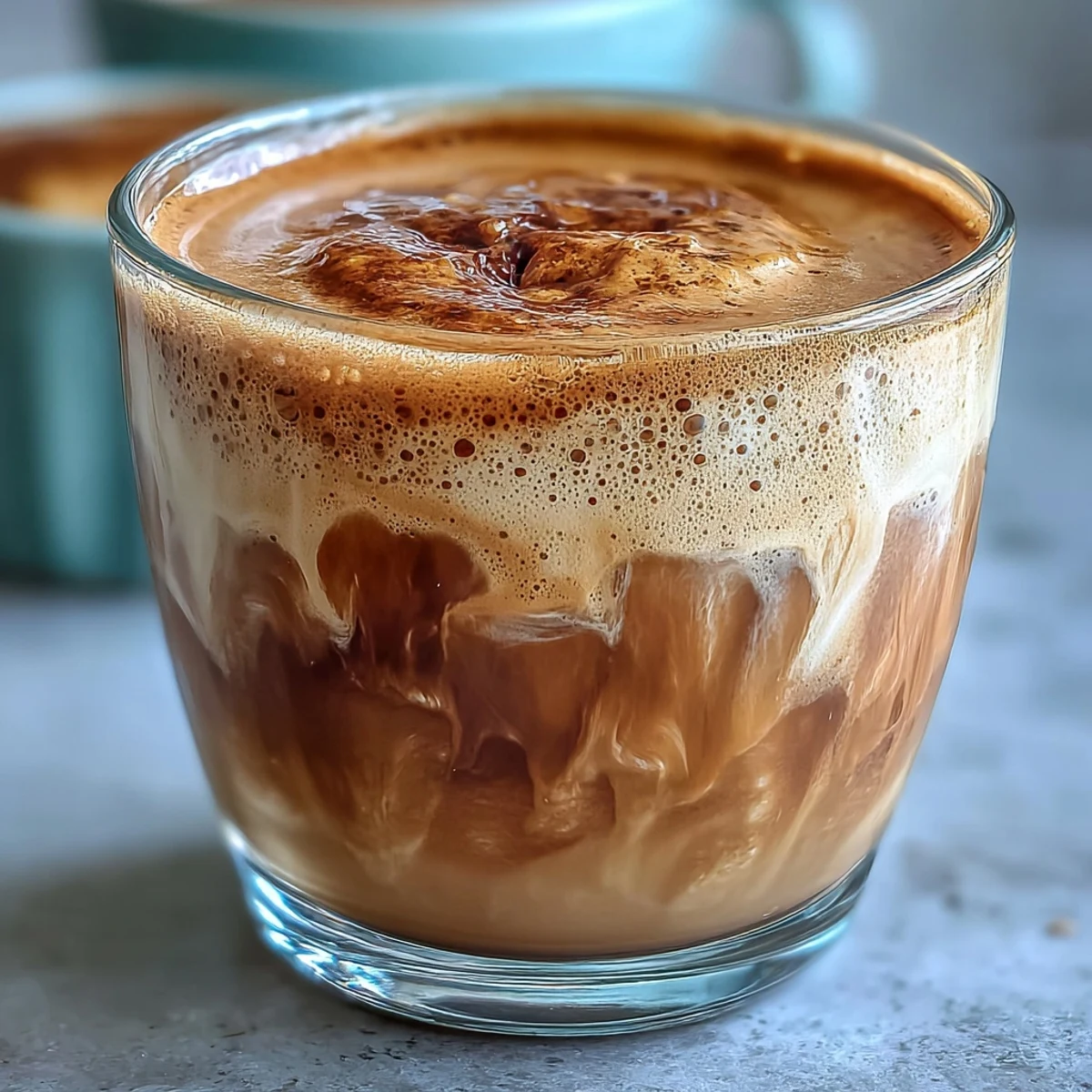 Warm Hojicha Cortado with creamy steamed milk and roasted tea aroma in a clear glass mug.