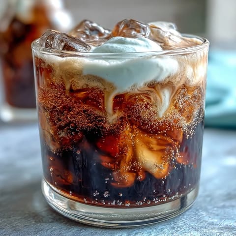 Midnight Malibu Dirty Soda shows a rich, marbled texture from swirled blackberry syrup and fluffy coconut cream.