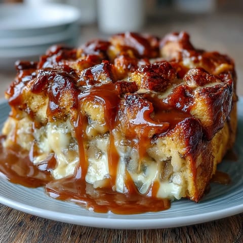 Freshly baked Caramel Apple Cheesecake Bread Pudding with a golden-brown crust, served warm with a generous caramel drizzle. 