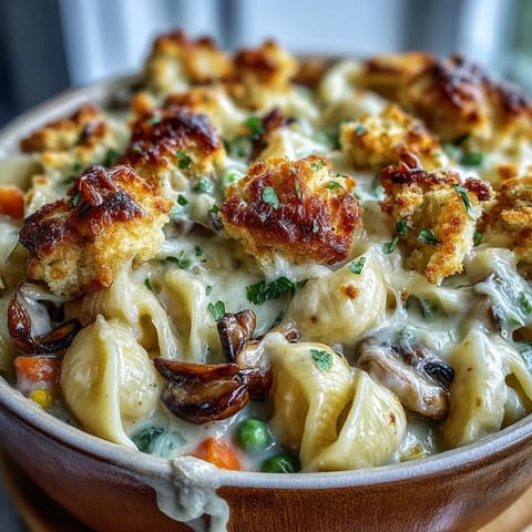 Golden brown biscuit crumbs top a steaming pot of Creamy Veggie Pot Pie Pasta with peas and carrots.