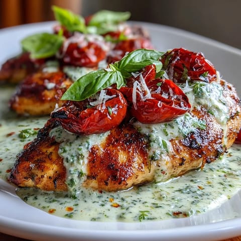 Creamy pesto chicken with roasted tomatoes, featuring tender chicken in rich basil sauce, garnished with caramelized cherry tomatoes and fresh basil.