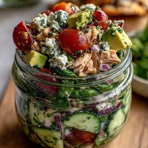 Layered mason jar salad with avocado, chicken, and crisp vegetables, ideal for quick keto meal prep.