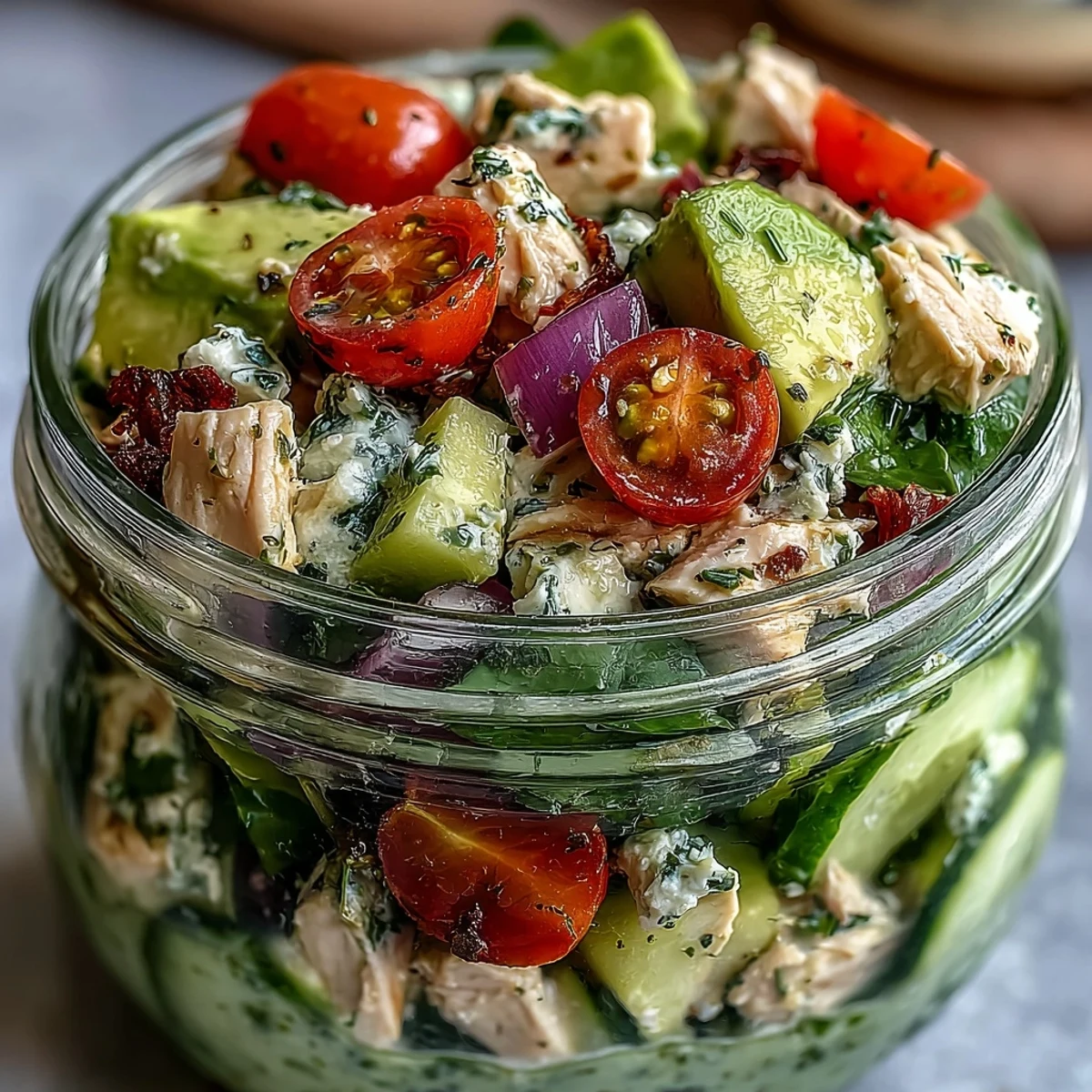 Keto avocado chicken salad mason jars with fresh veggies and creamy avocado, perfect for healthy lunches.