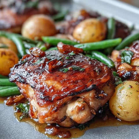 Honey garlic sheet pan chicken with green beans and baby potatoes, roasted to golden perfection and glazed with sweet savory sauce.  