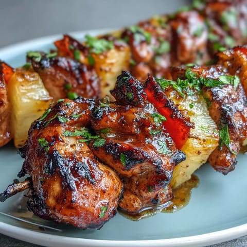 Tender jerk chicken pieces and sweet pineapple chunks grilled on skewers, delivering smoky, spicy, and tropical flavors in every bite.  
