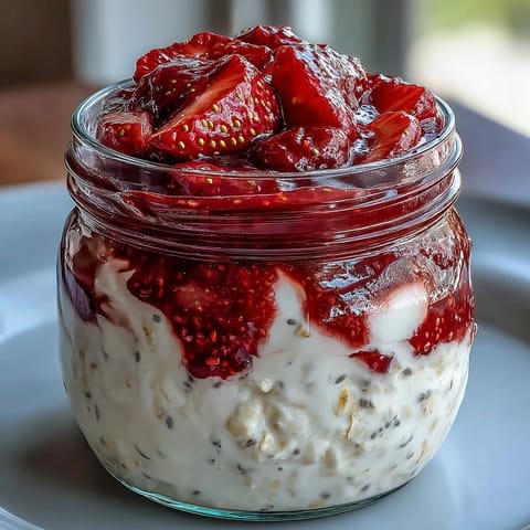 Layers of smooth oats and naturally sweet strawberry chia jam create a visually appealing and nutritious breakfast jar.