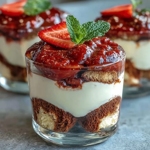 Strawberry tiramisu cups with layers of mascarpone cream, coffee-soaked ladyfingers, and fresh strawberries in elegant individual servings.  