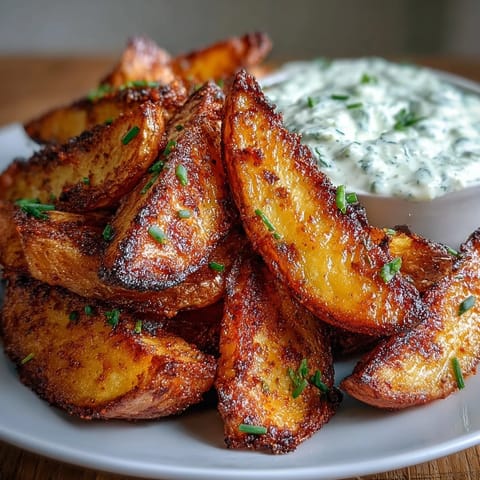 Golden potato wedges seasoned with smoked paprika and garlic, paired with tangy sour cream and Greek yogurt dip.  