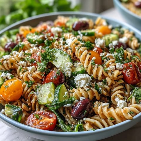 Fresh and colorful Summer Slim Greek Pasta Salad with Extra Veggies and Light Feta, featuring whole grain pasta, crisp vegetables, and tangy olives in a light dressing.  