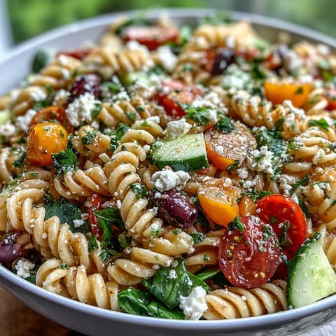Vibrant Summer Slim Greek Pasta Salad with Extra Veggies and Light Feta, packed with crunchy cucumbers, juicy tomatoes, and creamy feta for a healthy Mediterranean meal.  