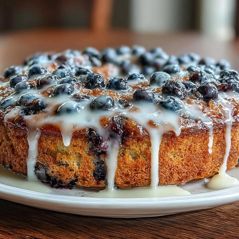 A golden skillet cake with tangy lemon zest and juicy blueberries, baked to perfection and drizzled with sweet lemon icing.