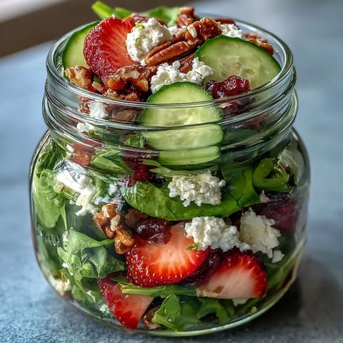 Fresh, vibrant layered salad with strawberries, creamy goat cheese, and crunchy nuts in a jar for easy picnics.