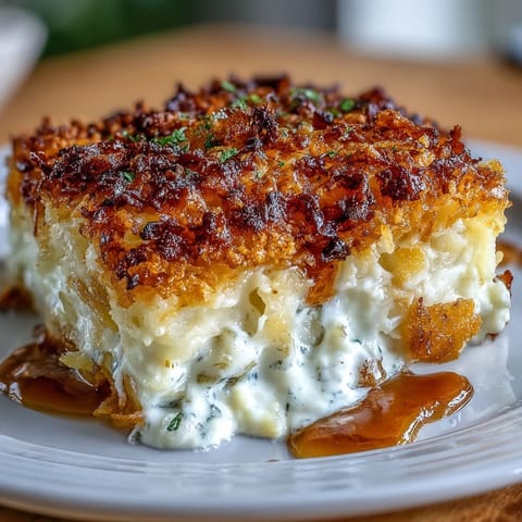 Cheesy lightened funeral potatoes with Greek yogurt and crispy cornflake topping in a golden baked casserole.  