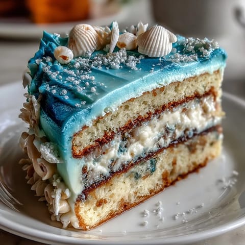 A dreamy Pisces birthday cake with ocean blue ombre frosting and delicate white chocolate seashells for a magical dessert centerpiece.
