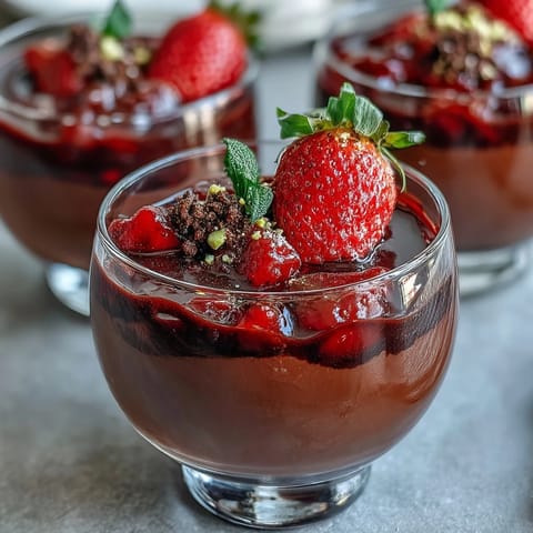 Decadent chocolate and strawberry dessert cups with rich dark chocolate, fresh berries, and a buttery biscuit base, perfect for elegant entertaining.