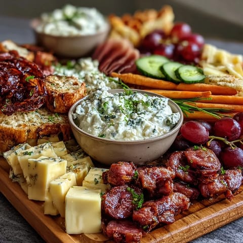 A colorful housewarming charcuterie board with cured meats, cheeses, and fresh produce, served with homemade dips for sharing.