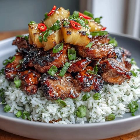 Tender chicken glazed in homemade teriyaki sauce, served with tropical pineapple and crisp vegetables over fluffy rice for a balanced meal.