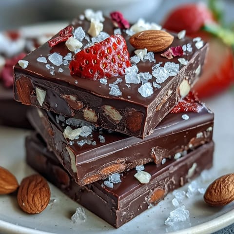 Dubai Chocolate Strawberry Bark with Pistachios and Almonds in a close-up shot, showcasing glossy dark chocolate topped with dried strawberries, roasted pistachios, and almonds for a Middle Eastern-inspired treat.