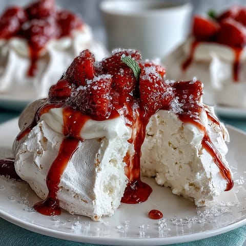 Delicate meringue nests topped with fluffy whipped cream and juicy fresh strawberries, a light spring dessert.  