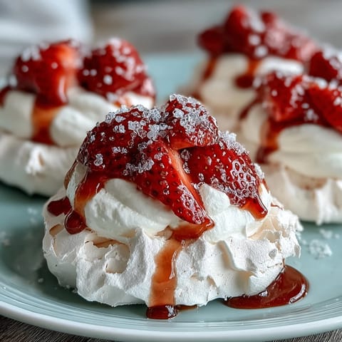 Mini pavlovas with strawberries and cream: crisp meringue shells filled with vanilla whipped cream and sweet berries.  
