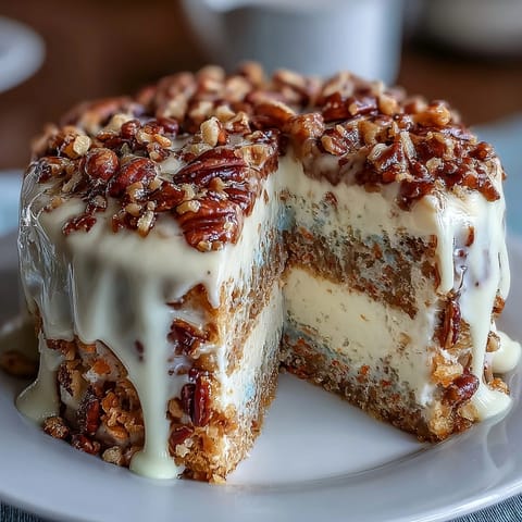 Moist carrot and walnut cake with tangy cream cheese frosting, perfect for spring celebrations or Easter dessert.