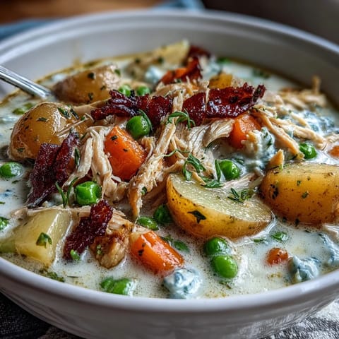 Creamy Slow Cooker Chicken Pot Pie Soup with tender chicken, potatoes, and vegetables in a rich, comforting broth.