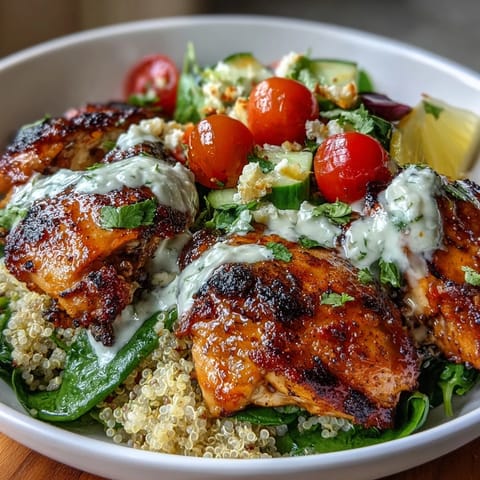 Grilled chicken and veggie bowl drizzled with zesty lemon vinaigrette for a healthy, flavorful meal.