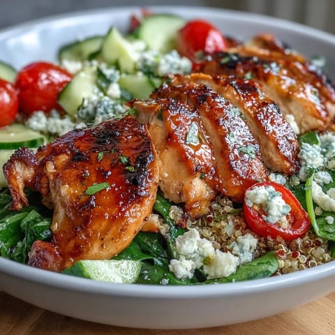 Lemon vinaigrette grilled chicken and veggie bowl with quinoa, fresh greens, and tangy feta cheese.