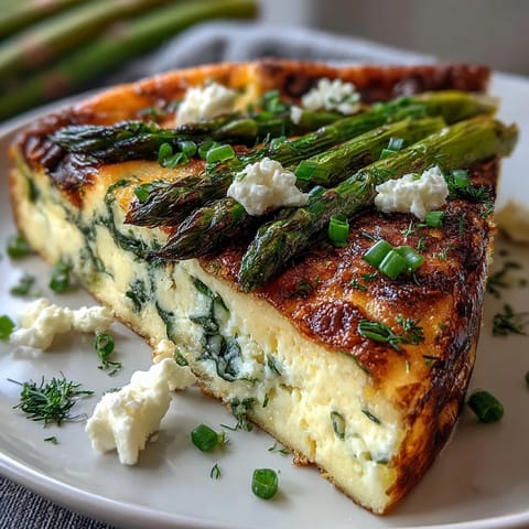Spring Brunch Frittata with Asparagus and Goat Cheese: fluffy egg dish featuring sautéed asparagus, red onion, and spinach, topped with tangy goat cheese.  