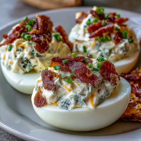 Spicy jalapeño popper deviled eggs with cream cheese, crispy bacon, and jalapeño garnish on a white platter.