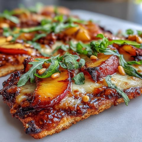 Grilled flatbread with peaches and Brie cheese, drizzled with BBQ sauce and fresh herbs.  