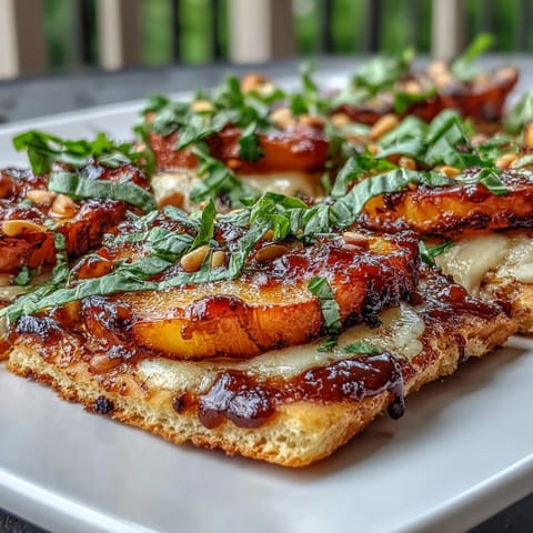 Sweet grilled peaches and melted Brie atop crispy flatbread, perfect for summer BBQs.  