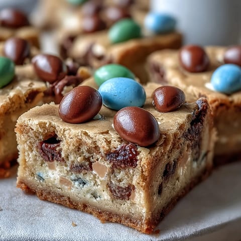 1. Peanut Butter Easter Egg Cookie Bars with colorful candies and chocolate chips, baked golden and chewy.