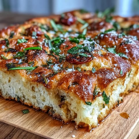 Spring Herb Focaccia with cherry tomatoes and fresh rosemary, golden and aromatic, perfect for spring gatherings or as a flavorful side.