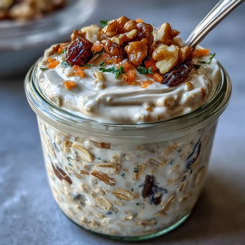 Creamy Carrot Cake Overnight Oats with cinnamon, nutmeg, and walnuts, topped with shredded coconut and maple syrup.