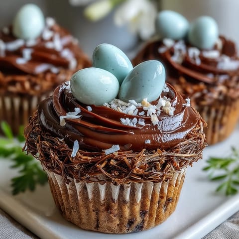 Adorable Easter Nest Cupcakes with rich chocolate frosting and candy eggs nestled in sweet coconut nests, perfect for festive spring celebrations.  