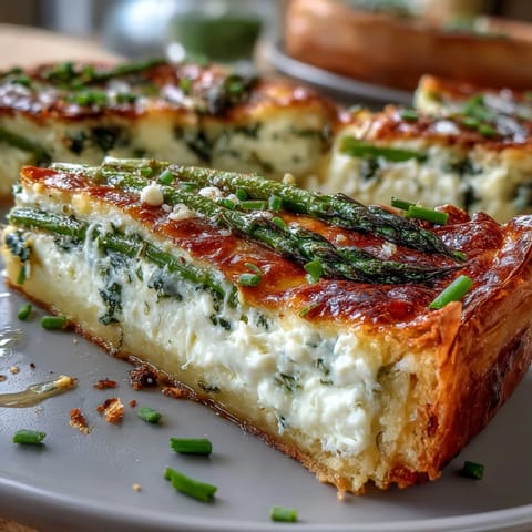 A golden puff pastry tart filled with creamy ricotta and topped with fresh asparagus spears, perfect for spring brunch or a light lunch.