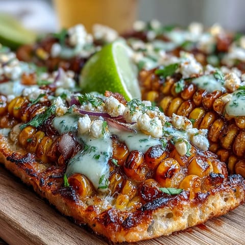 Festival-ready street corn flatbread finished with zesty jalapeño crema and crumbled cheese.