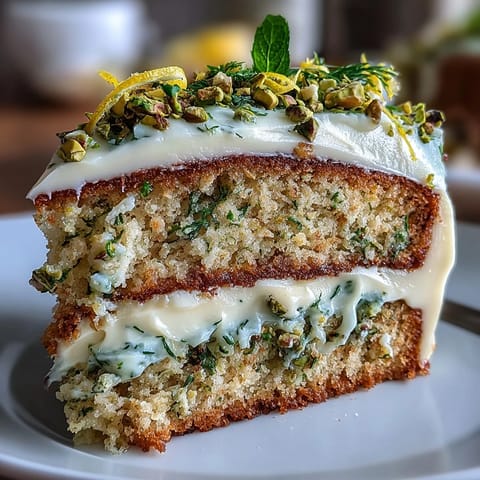 Vibrant Spring Birthday Lemon Pistachio Cake glistening with frosting and nutty crumbles.