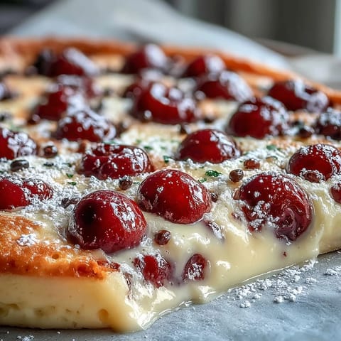 Golden Fresh Cherry Clafoutis dusted with powdered sugar, ready for dessert.