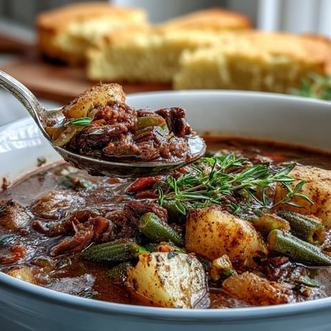 Visualizing slow-simmered Kentucky Derby Burgoo Stew, rich with savory meats and garden vegetables.