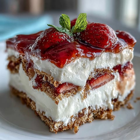 Refreshing Memorial Day No-Bake Icebox Cake piled high with strawberries and cream.