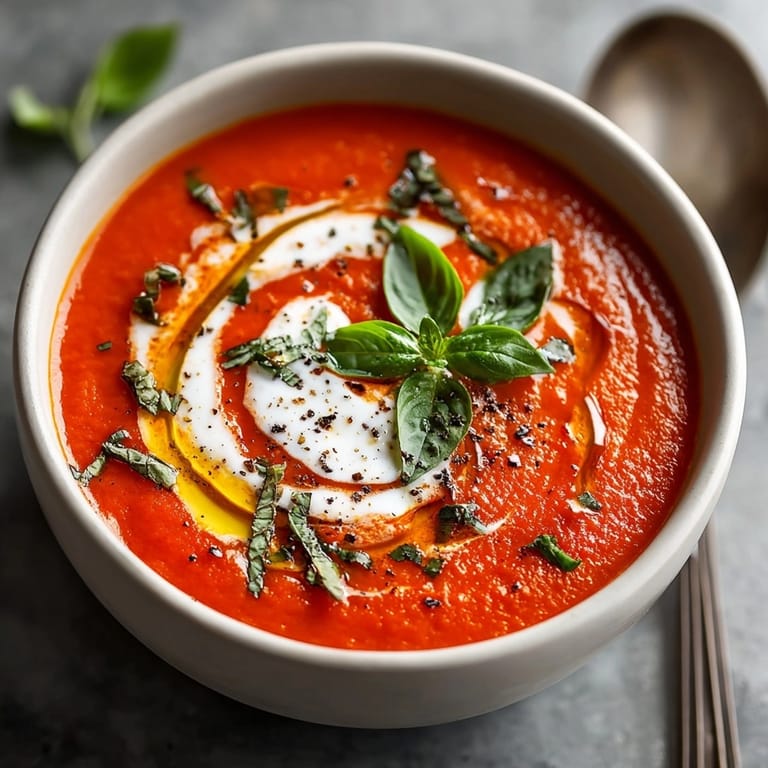 Creamy Tomato Basil Soup recipe: See the smooth texture and golden crouton topping!
