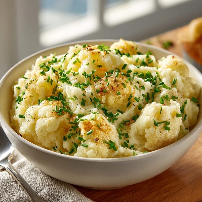 Fluffy Cauliflower “Mashed Potatoes” with Chives, a simple side dish, served warm in rustic bowl.
