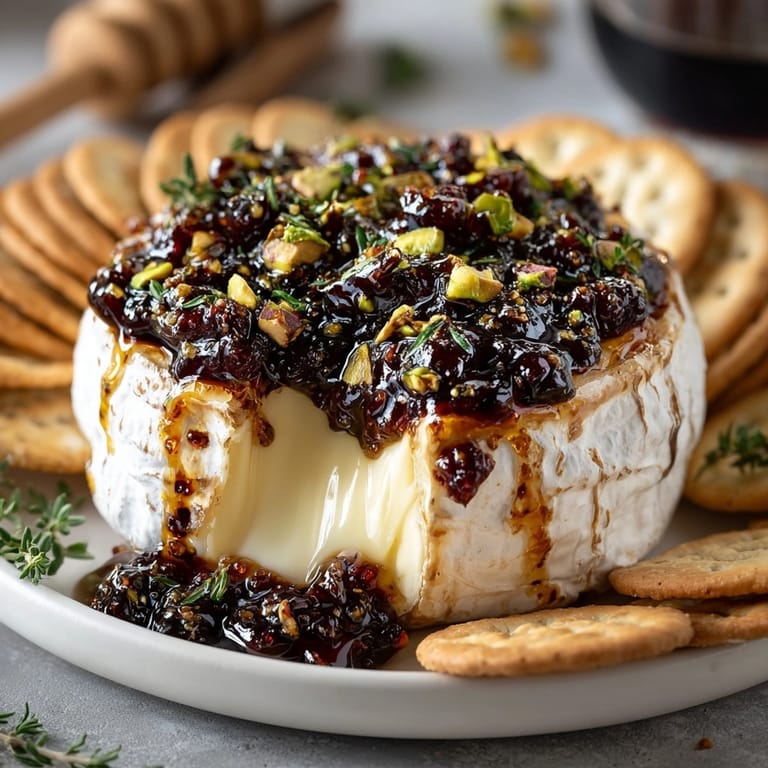 A slice of creamy Baked Brie, adorned with fig jam, served with crusty baguette.