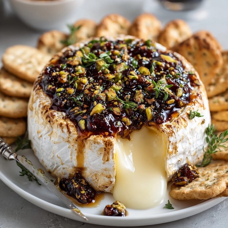 Warm, melty Baked Brie with Fig Jam and Pistachios pairs delightfully with crisp white wine.