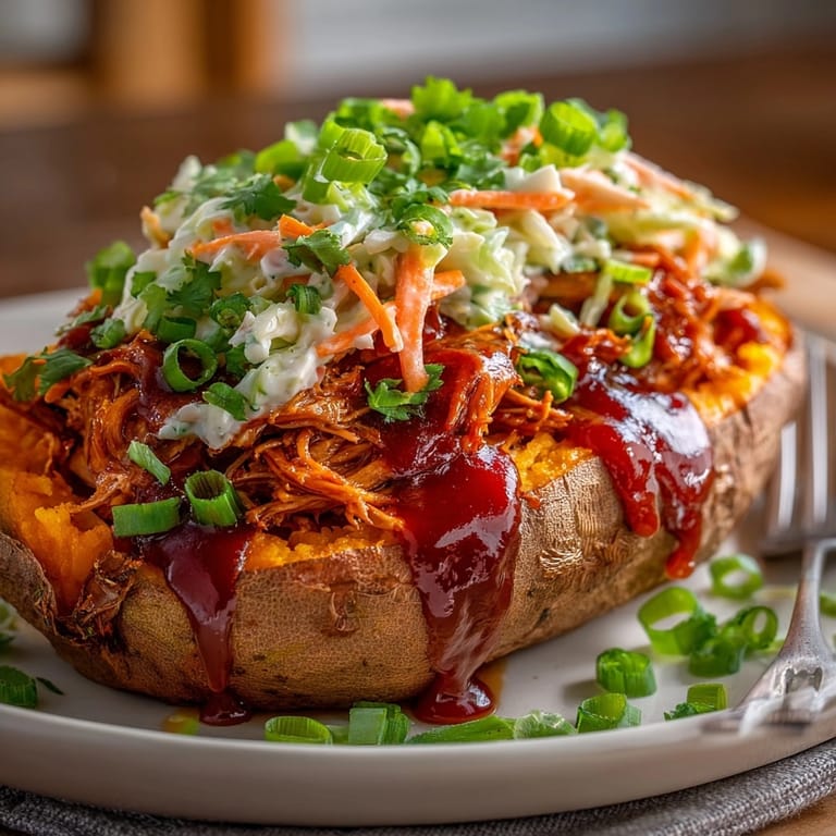 Close-up of a BBQ Jackfruit Stuffed Sweet Potato, showcasing the vibrant colors and textures.