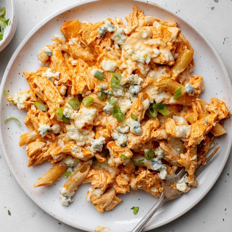 Up close: Buffalo Chicken Pasta Bake, steaming with melted mozzarella and buffalo sauce.