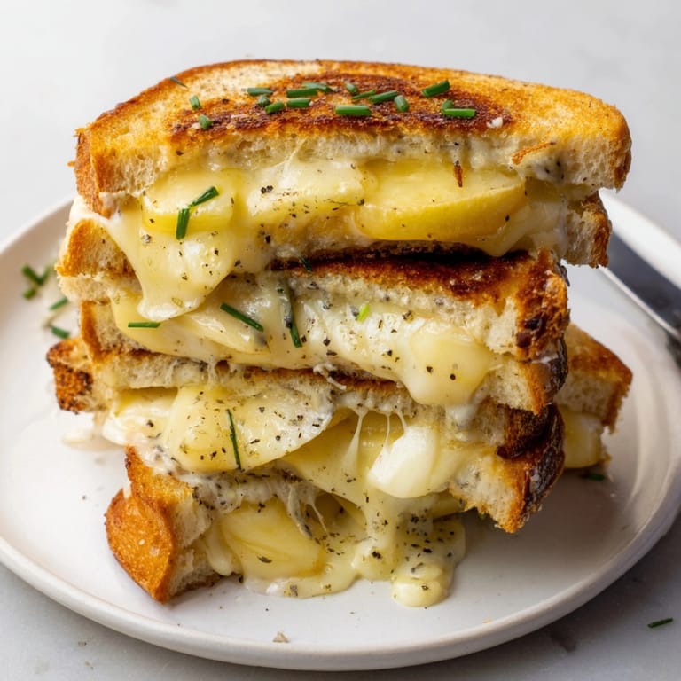 Close-up of a crispy Four Cheese Truffle Grilled Cheese, melty and aromatic on sourdough.