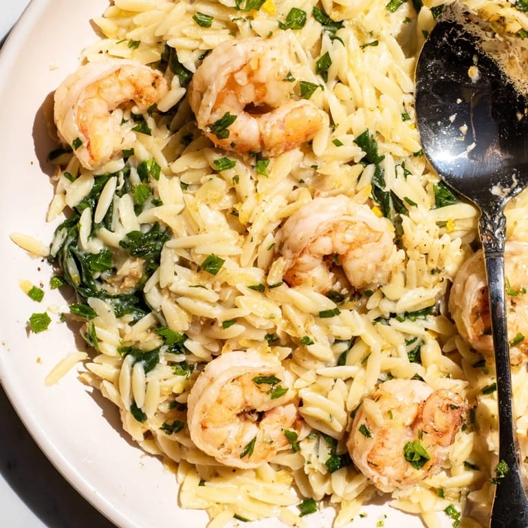 Taste this creamy bowl of Lemon Orzo with Shrimp— a comforting weeknight recipe.